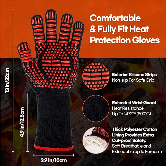 HubiCare Grill Gloves Heat Resistant Fire Resistant Oven Gloves, 1472°F/800°C Heat Resistant Oven Gloves