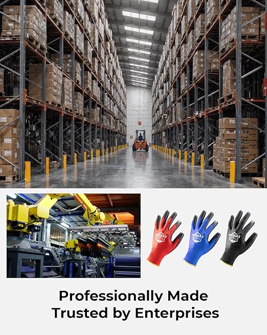 OKIAAS Work Gloves for Men, Ultra Thin and Lightweight Working Gloves with Grip, 12 Pairs Bulk Pack Construction Gloves with Polyurethane Coating for Light Duty Work (Green, X-Large)