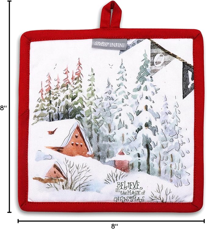 AMOUR INFINI Pot Holders Heat Resistant Cotton Set of 2 Nonslip 8"x8" Inch Hot Pads for Kitchen, BBQ, Baking & Cooking with Hanging Loops (Christmas Winter)