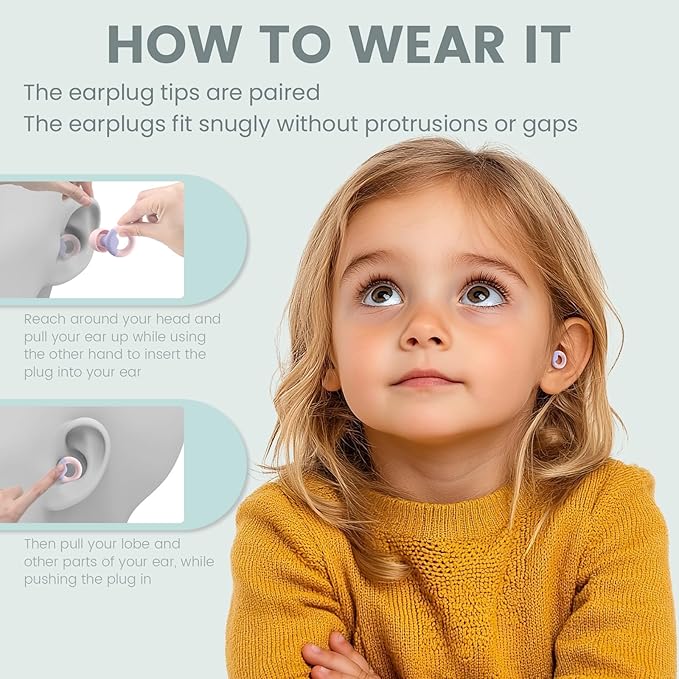 Kids Ear Plugs(6+yrs)-2 Pairs of Reusable Noise Reduction Earplugs for Small Canal With 6 Tips,Soft Silicone Earplugs for Sleeping,Focus,Travel,Socializing,Concert&Hearing Protection 25dB-30dB