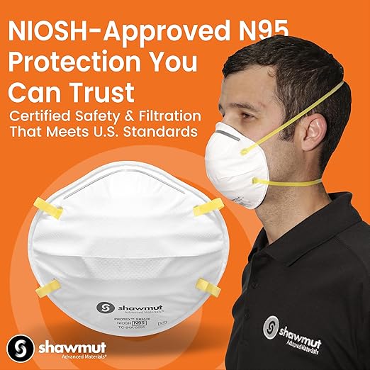 Shawmut Protex™ N95 Mask, Made in the USA NIOSH Approved, Particulate Respirators, Protective Face Mask for Dust, Construction, Medical, 12 Pack of 20 (Approval Number TC-84A-9295 / Model SR9520)