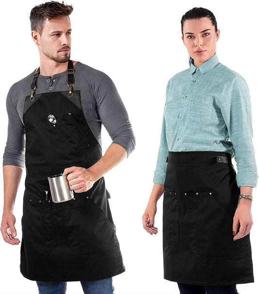 Under NY Sky Barista Apron - Black Leather Straps and Reinforcement - Riveted Pockets - Double Stiched - Leather Ring Loop - Professional Black Twill - Double as Half Bistro Apron - Chefs, Bartender