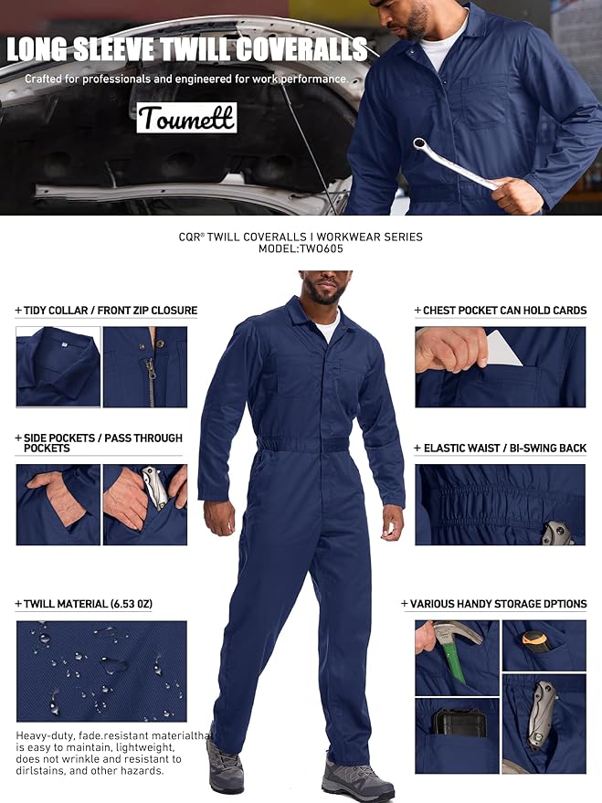Coveralls for Men Long Sleeve Cotton Blend Work Jumpsuit with Multi Pockets Utility Work Wear