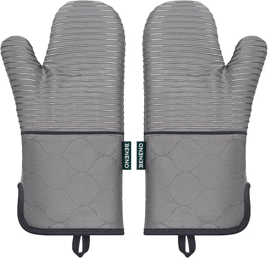 Beneno Kitchen Oven Mitts 2-Pack Heat Resistant to 500°F with Non-Slip Silicone Grip, Extra Long 14.3" Forearm Protection, Soft Quilted Cotton Terry Lining, Ideal for Cooking, Baking, Grilling, Gray