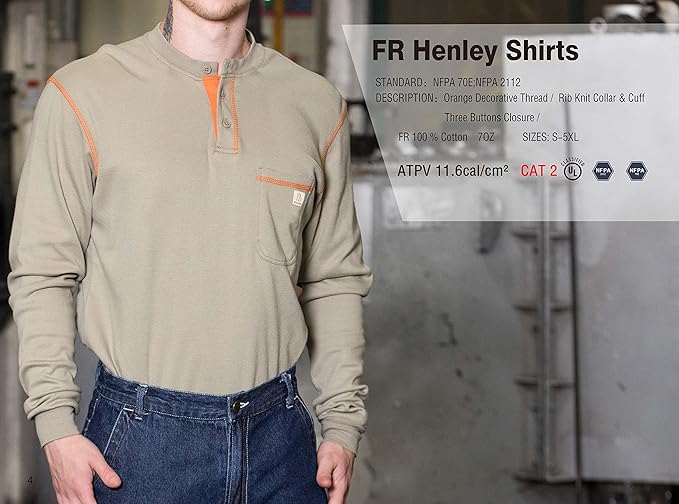 BOCOMAL FR Shirts Flame Resistant Henley Shirt NFPA2112/CAT2 7oz Men's Long Sleeve Fire Retardant Clothing