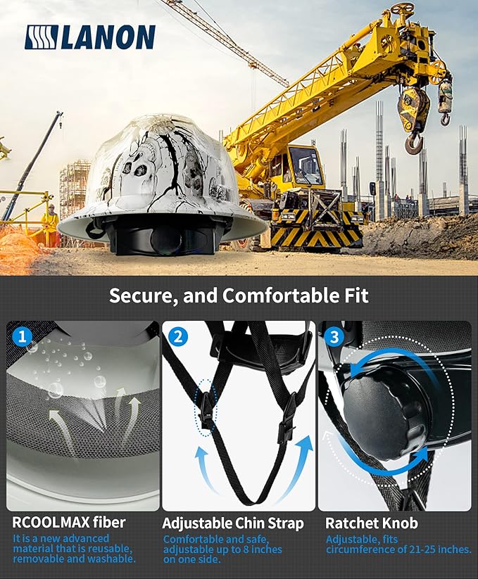 LANON Full Brim Hard Hat, OSHA Construction Work Approved, Premium Charcoal Gray Design, FRP Safety Helmet with 4 Point Adjustable Ratchet Suspension, Class C