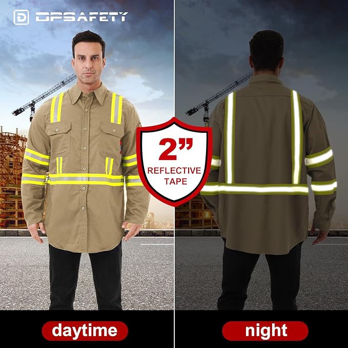 FR Shirts for Men 7oz High Visibility Fire Resistant Shirts NFPA CAT2 Welding Shirt 100% Cotton Hi Vis Flame Resistant Shirt Khaki(2X-Large)