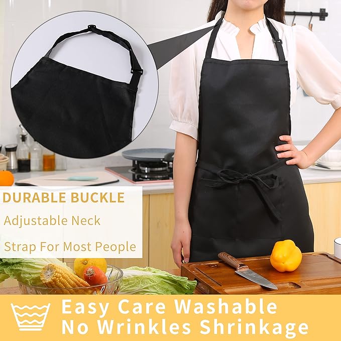 Tosewever 4 Pack Adjustable Bib Apron Waterdrop Resistant Apron with Pocket, Cooking Kitchen Restaurant Aprons for Women Men Chef, BBQ Drawing Crafting Outdoors (Polyester-Black, 4)