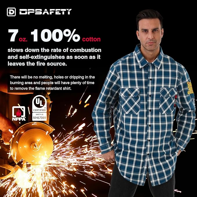 FR Shirts for Men 7oz Fire Resistant Shirts NFPA CAT2 Welding Shirt 100% Cotton Flame Resistant Shirt Blue/Plaid(XX-Large)