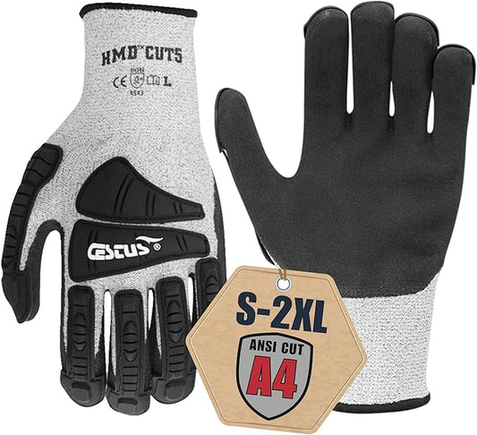 Cestus 3008, ANSI A4 Cut-Resistant Impact Gloves (1,3,12,48 Pairs) Nitrile Coated, Heavy Duty Work Gloves for Construction