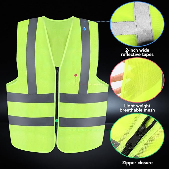 3-Pack Reflective Safety Vest For Women Men - High-Visibility Safety Vest with 2in Reflective Strips for Emergency, Construction, and Safety Use (Green X-Large)