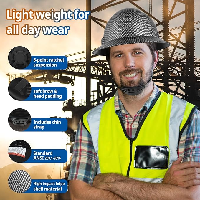 Full Brim Hard Hat - OSHA Safety Helmet Durable Lightweight Carbon Fiber Hard Hat, 6-Point Ratchet Suspension Protective Gear for Men and Women