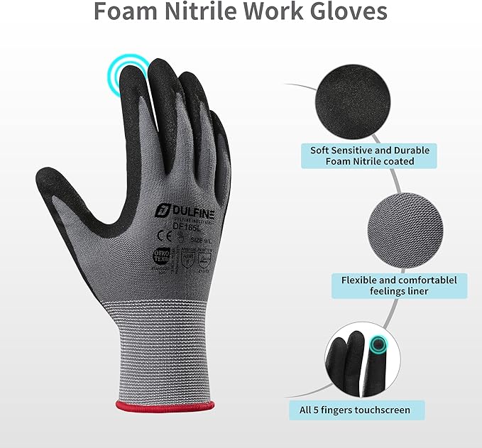 DULFINE Work Gloves for Men and Women,6 Pairs Pack,Touchscreen MicroFoam Nitrile,Ideal for General Purpose,Home Improvement