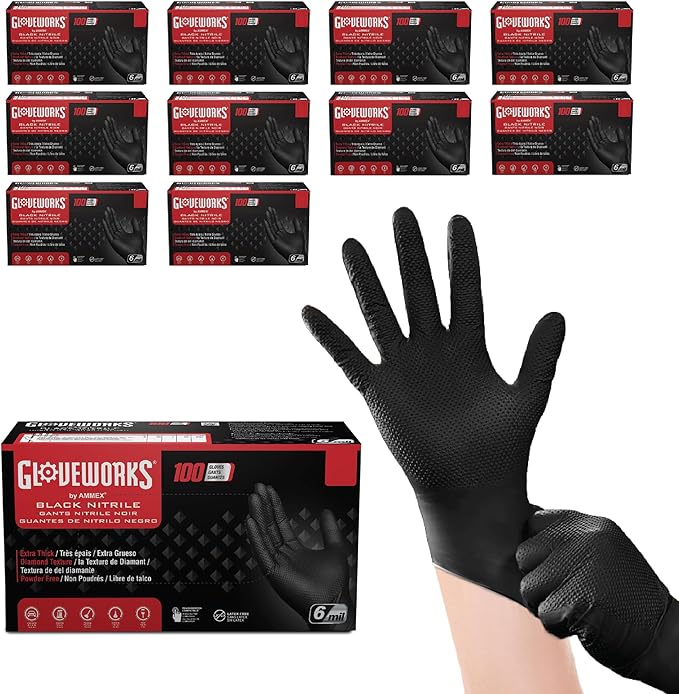 GLOVEWORKS HD Black Nitrile Gloves - 6 mil Disposable, Latex Free Mechanics Gloves