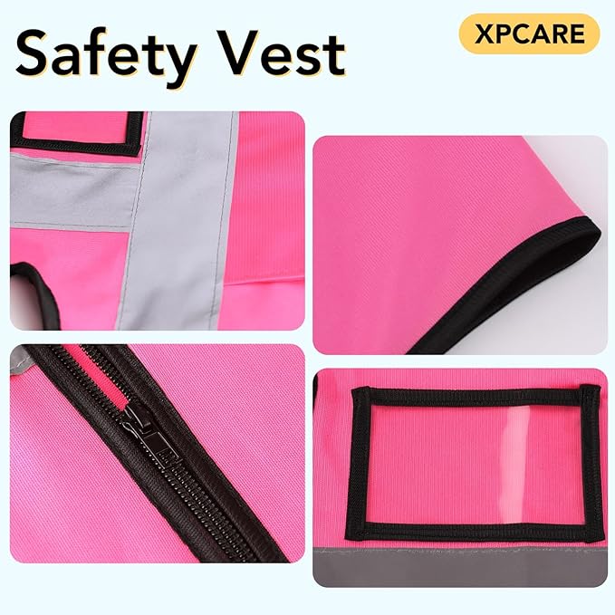 XPCARE 2-Pack Hi Vis Reflective Safety Vest with Pockets,High Reflective Strips Zipper Work Vest for Men and Women,Pink(Medium)