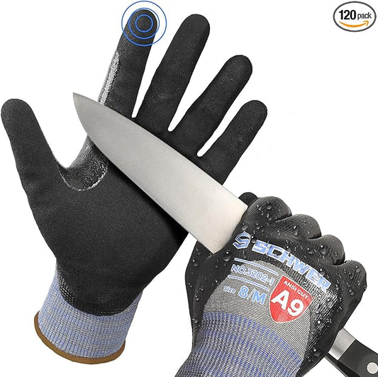 Schwer ProGuard-X ANSI A9 Highest Level Cut/Abrasion Resistant Gloves for Heavy Duty Work, 3/4 Double Nitrile Coating for Detect Metal, Water and Oil Proof, Anti Slip, PFAS Free, PM3202,120 pairs(M)