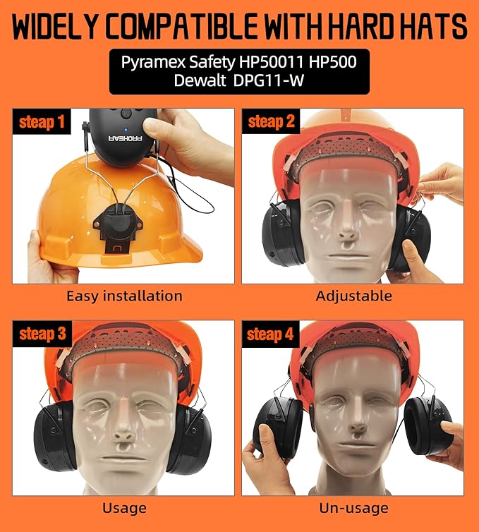 PROHEAR 037BR04 Bluetooth Hearing Protection with Adapter for 3M H-700 Hard Hats/DEWALT Hard Hat, 40H Playtime Safety Headphone for Construction Worker, Mowing - Orange
