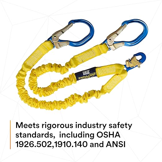 3M DBI-SALA 6' Shockwave2 1 1516" Polyester Tubular Web Twin-Leg Tie-Off Shock-Absorbing Lanyard With Snap Hook And Aluminum Rebar Hooks On Leg Ends