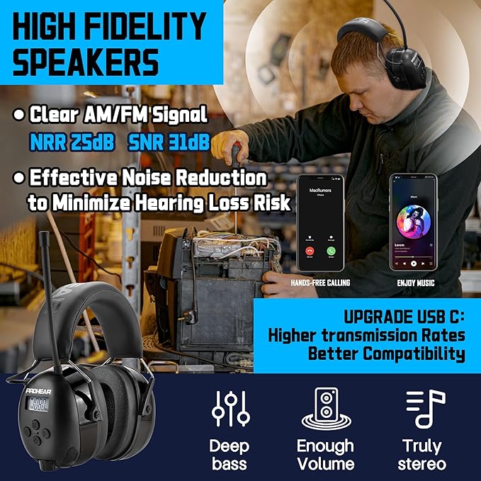 PROHEAR 033 2.0 Bluetooth Hearing Protection Headphones with AM/FM Radio - 31 SNR Noise Reduction Ear Muffs, 50Hrs Rechargeable Battery, 2 Pack for Mowing, Snowblowing, Outdoor Use - Black and Orange