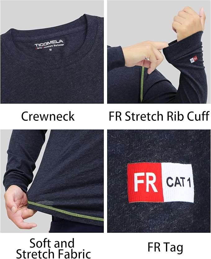 TICOMELA FR Shirts for Men 4oz Lightweight Flame Resistant Crewneck T-Shirts 100% Cotton Fire Retardant Henley Shirts