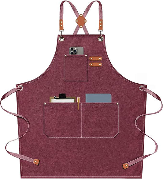 AFUN Chef Aprons for Men Women with Large Pockets, Cotton Canvas Cross Back Heavy Duty Adjustable Work Apron, Size M to XXL(Darkred)