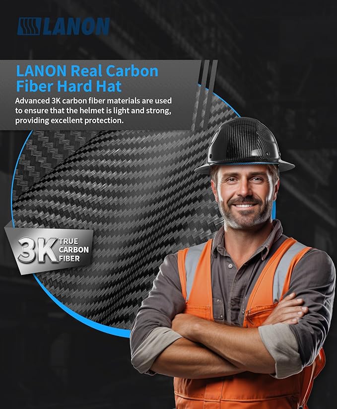 LANON Carbon Fiber Full Brim Hard Hat, OSHA Construction Work Approved, Classic Black Design, Lightweight Durable Safety Helmet with 6 Point Adjustable Ratchet Suspension, Class C
