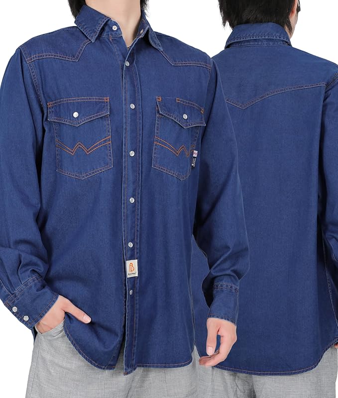 BOCOMAL FR Shirts Washed Denim EX Soft Midweight Smooth Fit Pearl Snaps Down Durable Flame Resistant Work Clothing