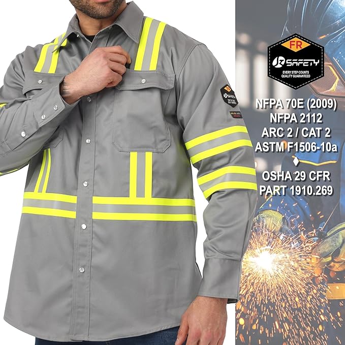 JKSafety 7oz FR Shirts for Men Women NFPA 70E 2112 ARC 2 Fire Resistant Welding Shirts FRC Long Sleeve Safety Workwear
