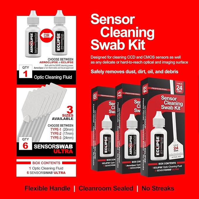 Sensor Cleaning Swab Kit - Eclipse Optic Cleaning Solution (0.5oz/15ml) + Type-2 Sensor Swab Ultra 17mm (Pack of 6) - for APS-C CMOS and CCD Sensors - Dust & Oil Remover