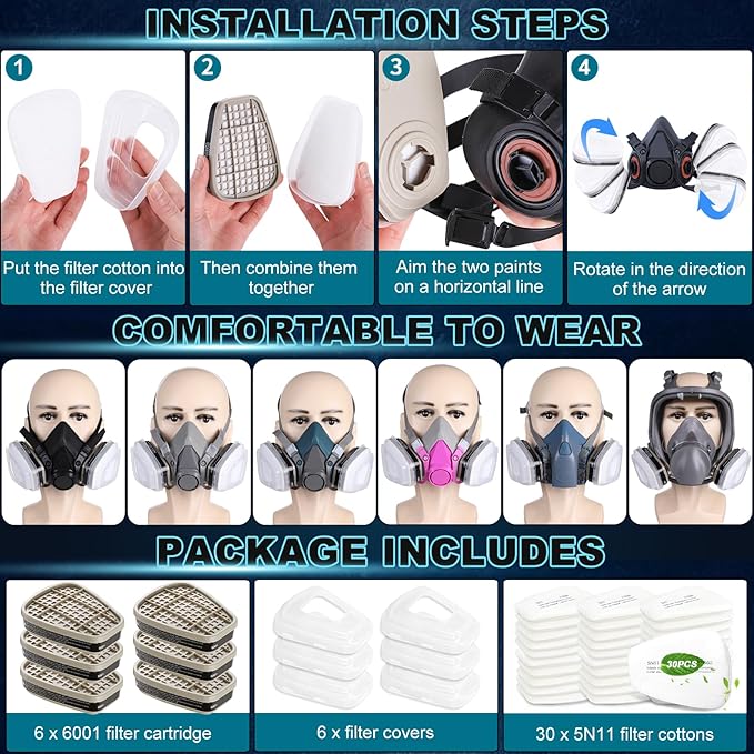 6001 Filter Cartridges for Respirator, Replacement Respirator Filters, Anti Organic Vapors, Paint, Chemical, Respirator Cartridges for 6200, 6502, 7502, 6800, 4008 Series(3 Set)