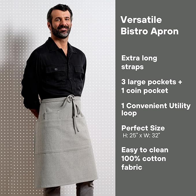 MEEMA Bistro Half Apron for Men & Women | Half Aprons for Women With Pockets | Delantales Para Meseros | Waitress Aprons | Server Apron with Pocket