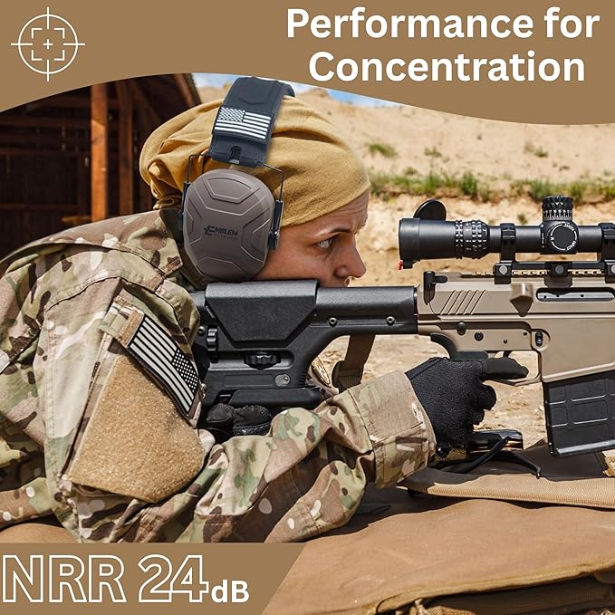 Shield XT Shooting Ear Protection for Gun Range | NRR 24dB | Construction Hearing Protection for Adults and Kids | Slim Noise Reducing Ear Muffs for Sport and Safety (Brown) by Emblem OD