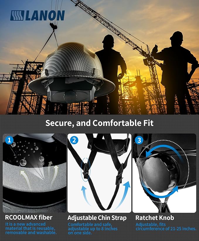 LANON Full Brim Hard Hat, OSHA Construction Work Approved, Premium Charcoal Gray Design, FRP Safety Helmet with 4 Point Adjustable Ratchet Suspension, Class C