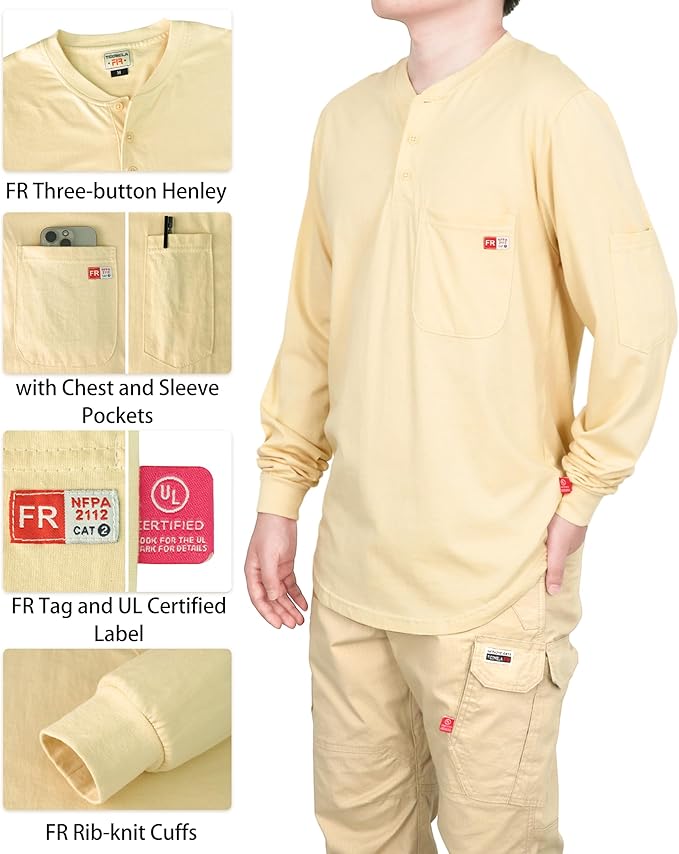 TICOMELA FR Shirts for Men Heather Series 6oz Flame Resistant T Shirt NFPA2112 CAT2 Fire Retardant Henley Shirts