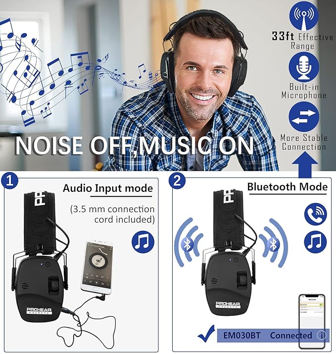 PROHEAR 030 Bluetooth 5.4 Electronic Shooting Ear Protection Earmuffs, Noise Reduction Sound Amplification Hearing Protector for Gun Range and Hunting