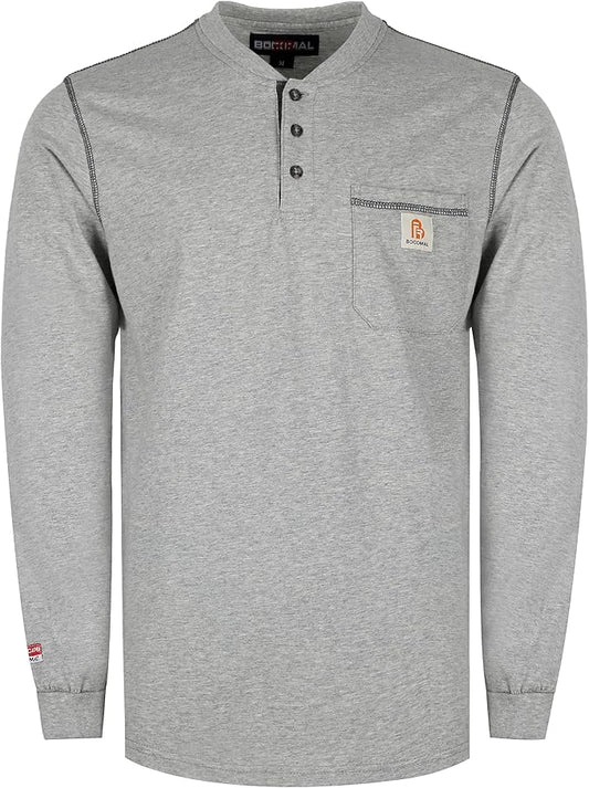 BOCOMAL FR Shirts for Men 5.5oz Lightweight Long Sleeve Work Henley Fire Resistant Shirt CAT2