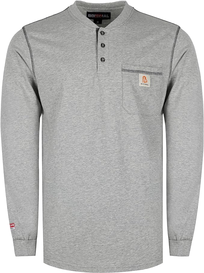 BOCOMAL FR Shirts for Men 5.5oz Lightweight Long Sleeve Work Henley Fire Resistant Shirt CAT2