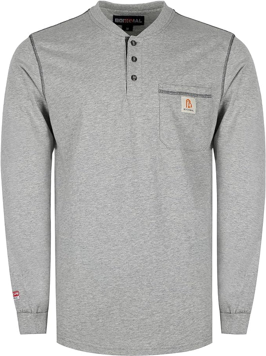 BOCOMAL FR Shirts for Men 5.5oz Lightweight Long Sleeve Work Henley Fire Resistant Shirt CAT2