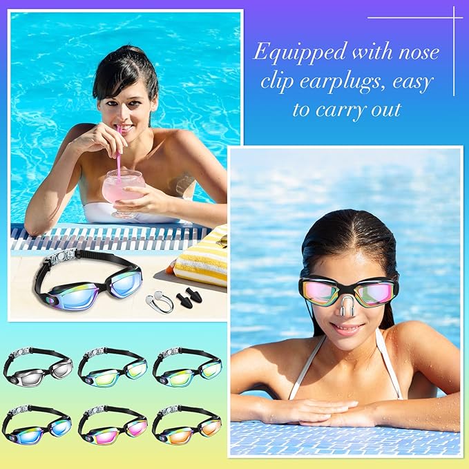Flutesan 6 Pack Swimming Goggles Adult Kids Anti Fog Pool Goggles with Ear Plugs Nose Clip No Leaking Full Protection