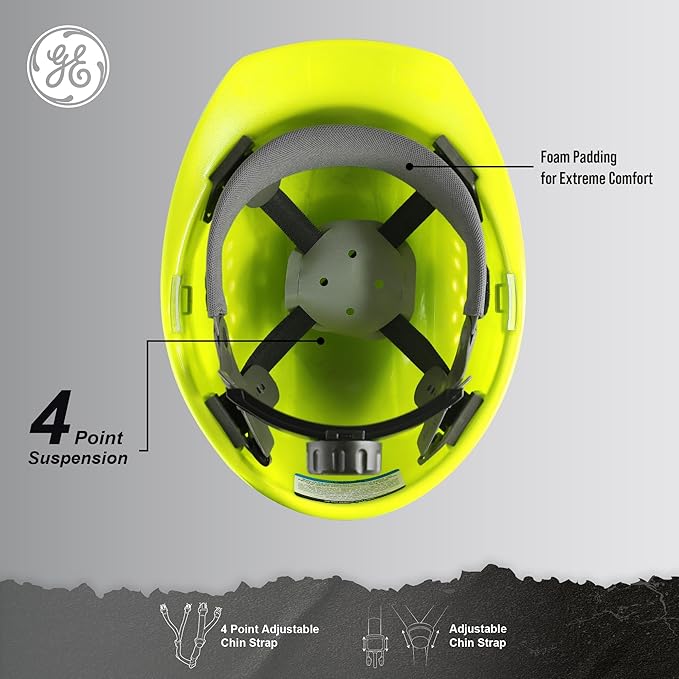GE Cap Style Hard Hat, 4-Point Ratchet Suspension, Earmuff Slots, High Impact Resistant, Sweat-Wicking Sweatband, Meets ANSI Z89.1-2014, Comfortable, and Protective - Hi-Vis Line, Vented