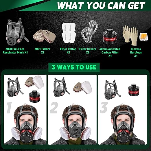 Full Face Respirator Mask, Gas Masks Survival Nuclear and Chemical with 40mm Activated Carbon Filter & 6001 Filter Cartridge,6800 Reusable Gasmasks for Paint, Welding and Other Work Protection