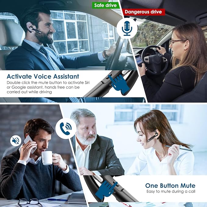 Bluetooth Headset, Wireless Bluetooth Earpiece V5.0 Hands-Free Earphones with Built-in Mic for Driving/Business/Office, Compatible with iPhone and Android (Black)