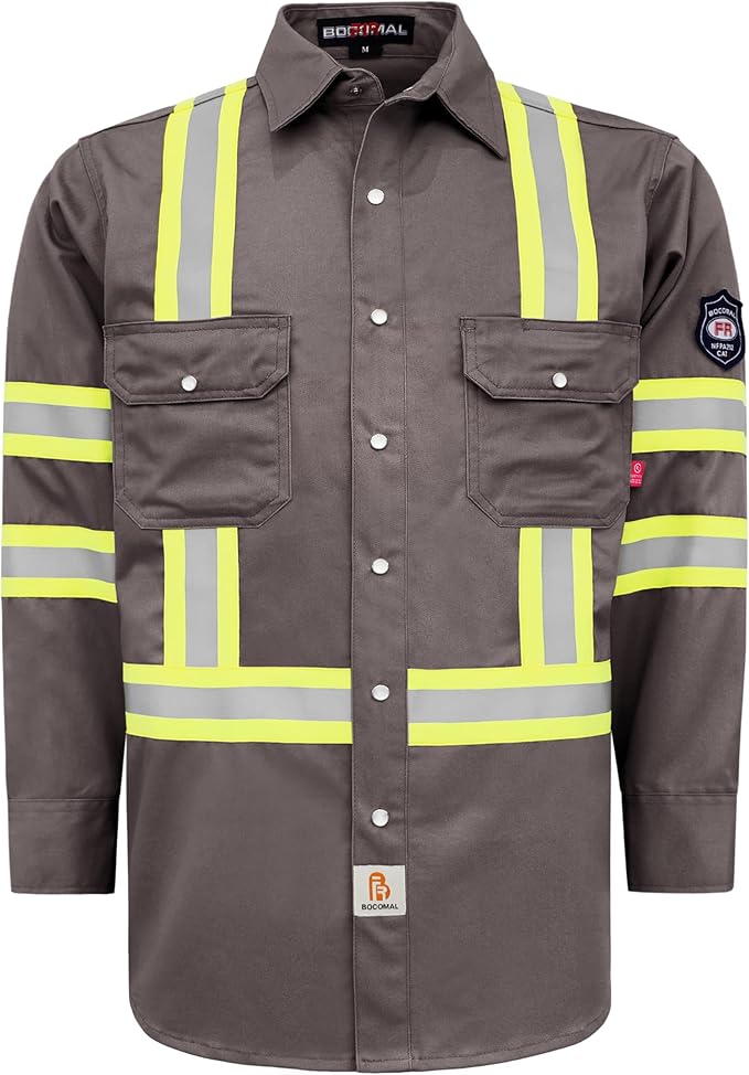 BOCOMAL FR Shirts High Visibility/Hi Vis Flame Resistant/Fire Retardant Shirt 7.5oz Men's Reflective Shirts
