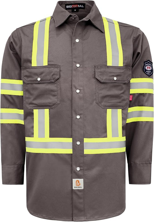 BOCOMAL FR Shirts High Visibility/Hi Vis Flame Resistant/Fire Retardant Shirt 7.5oz Men's Reflective Shirts