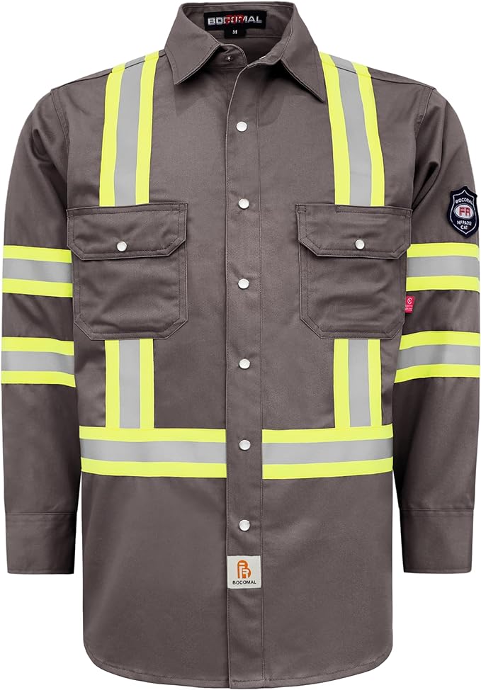 BOCOMAL FR Shirts High Visibility/Hi Vis Flame Resistant/Fire Retardant Shirt 7.5oz Men's Reflective Shirts