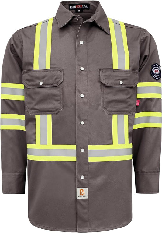 BOCOMAL FR Shirts High Visibility/Hi Vis Flame Resistant/Fire Retardant Shirt 7.5oz Men's Reflective Shirts
