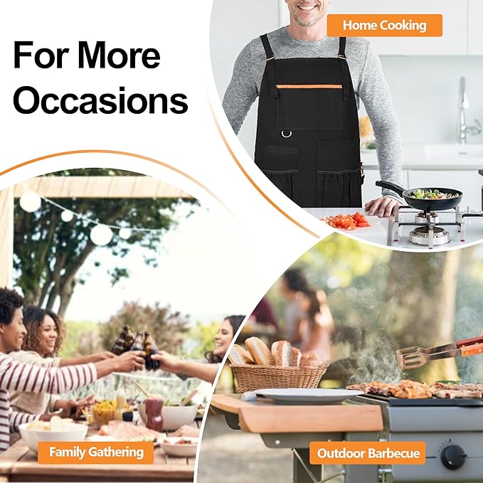 Heavy-duty BBQ Grilling Apron, Outdoor Cooking Apron for Men & Women Chef with Dual Shoulder Straps & Adjustable Buckle, Anti-oil Kitchen Apron with Multiple Pockets & Slit Hem, Apron Only