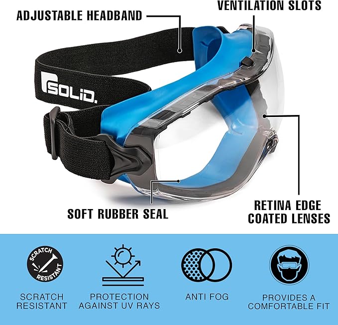 SolidWork Safety Goggles Anti-Fog Clear Lens with Adjustable Elastic Headband. Protective Eyewear for Men & Women