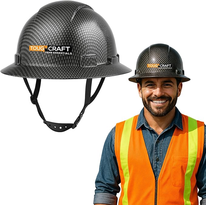ToughCraft Full Brim Hard Hat for Men - Black Carbon Fiber Hard hat for Construction Work, Safety Helmet with Soft Padded 6 Point Adjustable Ratchet Suspension, Cascos de Construccion, Type I Class C