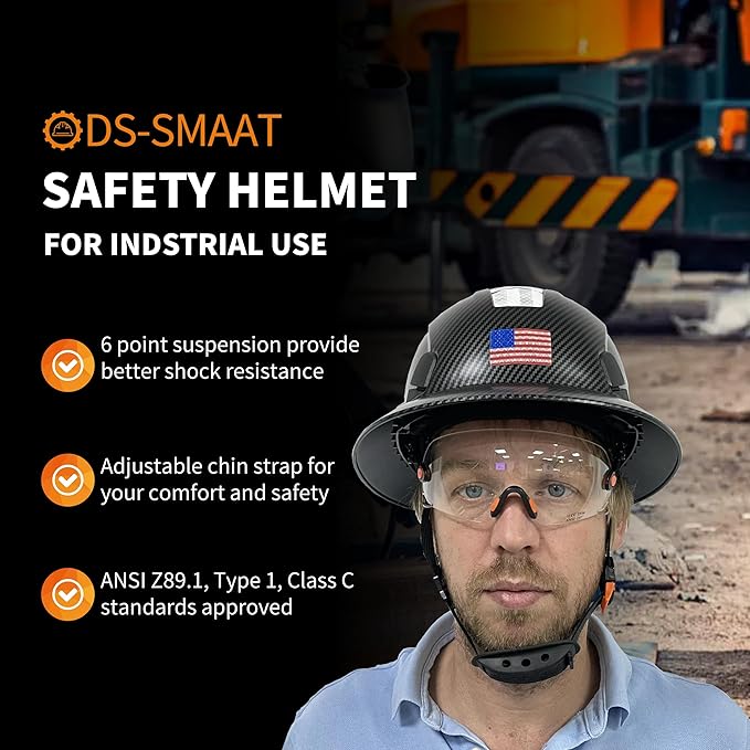 Full Brim Hard Hat with Visor, 6-Point Ratchet Suspension Safety Helmet, Superior Impact Head Protection, ANSI Z89.1 OSHA Approved Safety Helmet,Great for Men&Women